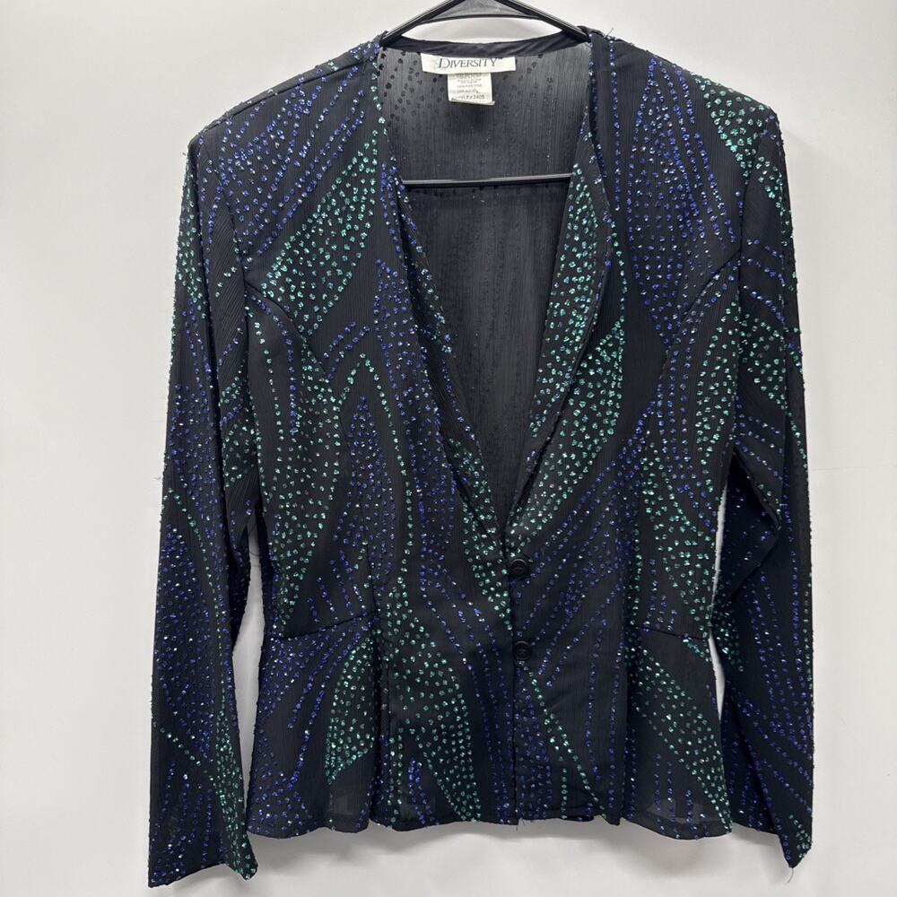 Vintage Diversity Size 10 Black Sequin Beaded Peplum V-neck Blouse Shirt USA